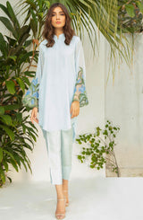 Sky Blue Floral Appliqué Georgette Chiffon Salwar Kameez (2-Piece) - Image 3