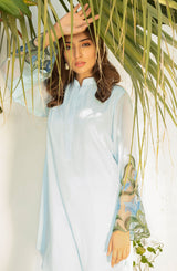 Sky Blue Floral Appliqué Georgette Chiffon Salwar Kameez (2-Piece) - Image 6