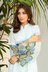 Pakistani Sky Blue Floral Appliqué Georgette Chiffon Salwar Kameez (2-Piece) - Image 2