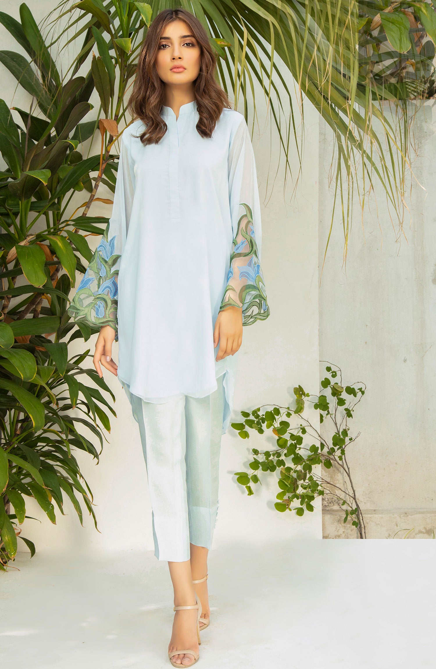 Pakistani Sky Blue Floral Appliqué Georgette Chiffon Salwar Kameez (2-Piece) - Image 3