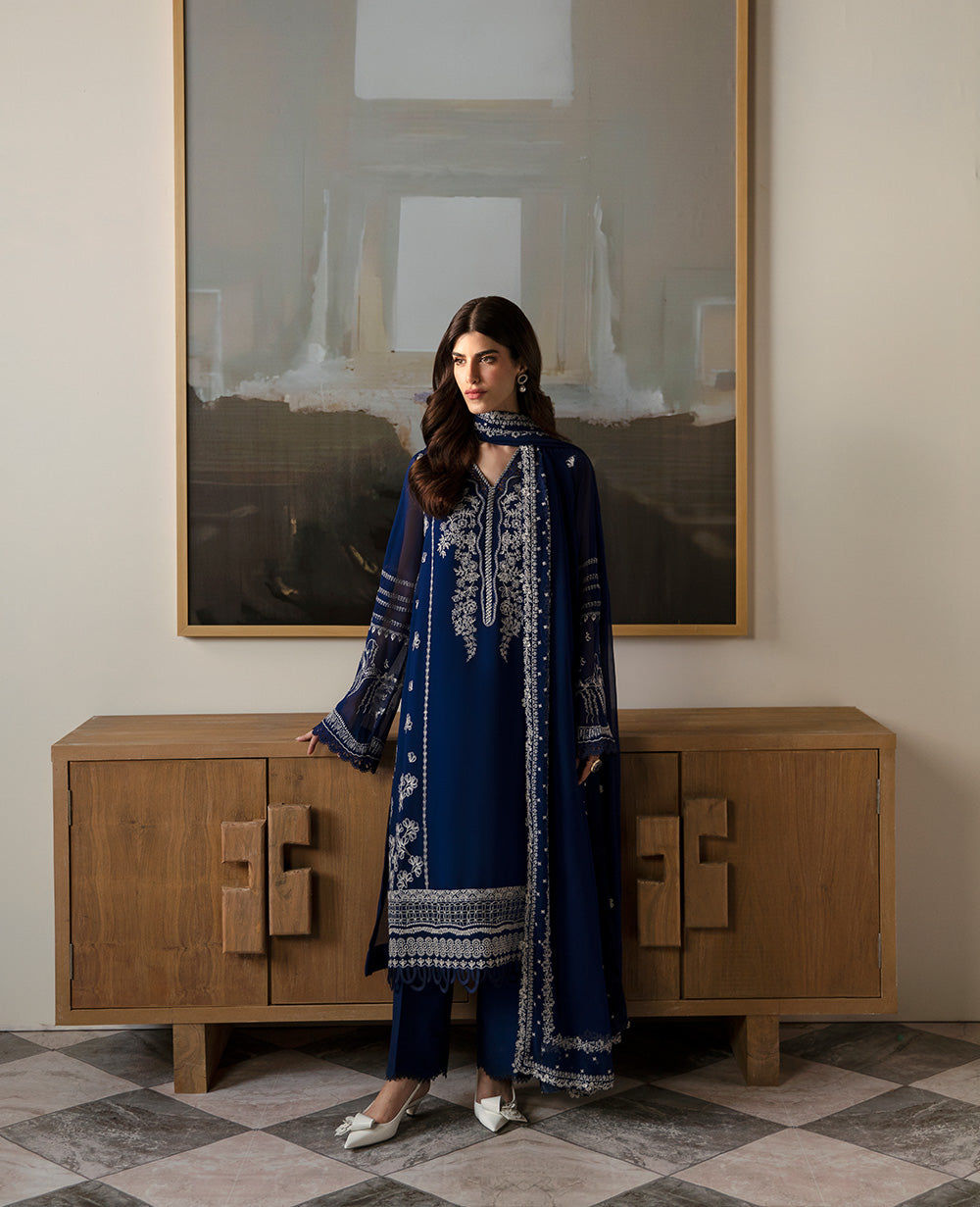 Regal Blue Embroidered Georgette Chiffon Kurta Set (3-Piece) - Image 2