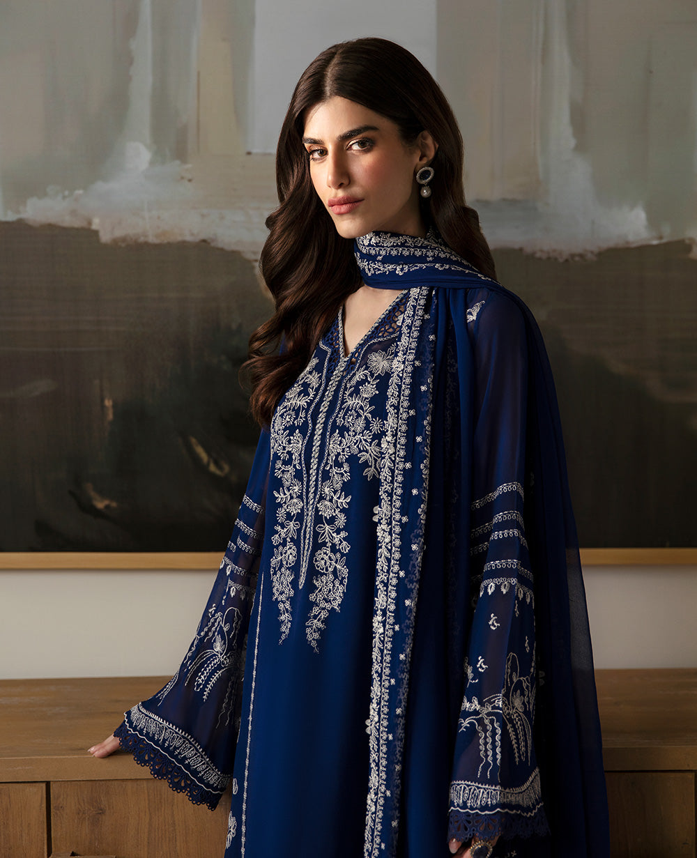 Regal Blue Embroidered Georgette Chiffon Kurta Set (3-Piece) - Image 3