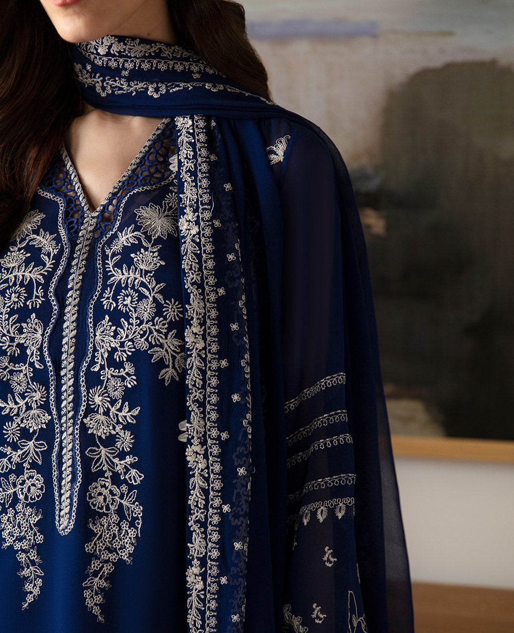 Regal Blue Embroidered Georgette Chiffon Kurta Set (3-Piece) - Image 4