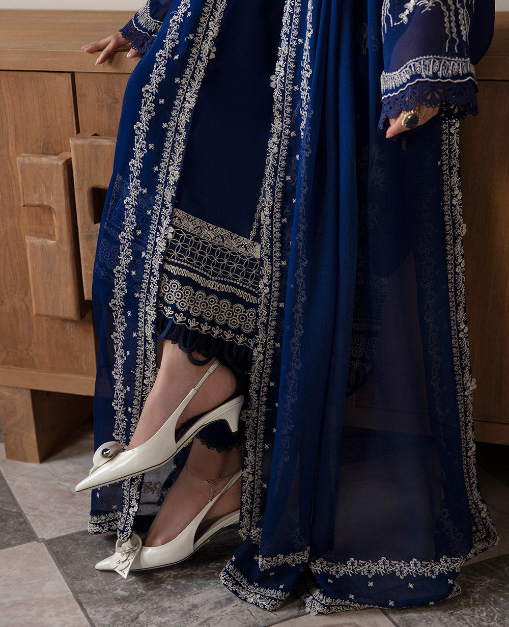 Regal Blue Embroidered Georgette Chiffon Kurta Set (3-Piece) - Image 5