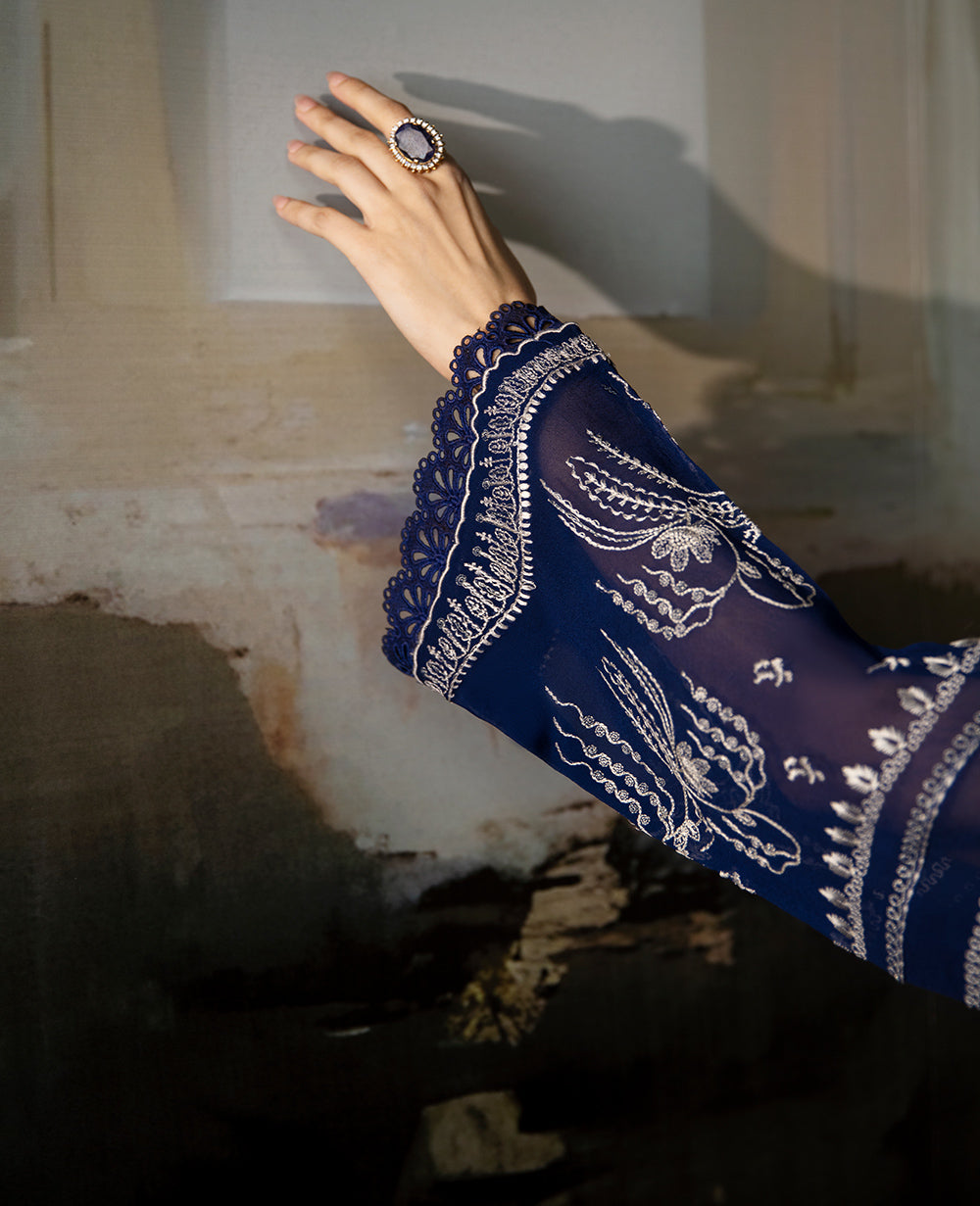 Regal Blue Embroidered Georgette Chiffon Kurta Set (3-Piece) - Image 6