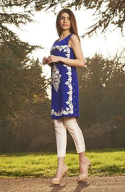 Cobalt Blue Embroidered Georgette Chiffon Tunic (1-Pc) - Image 1