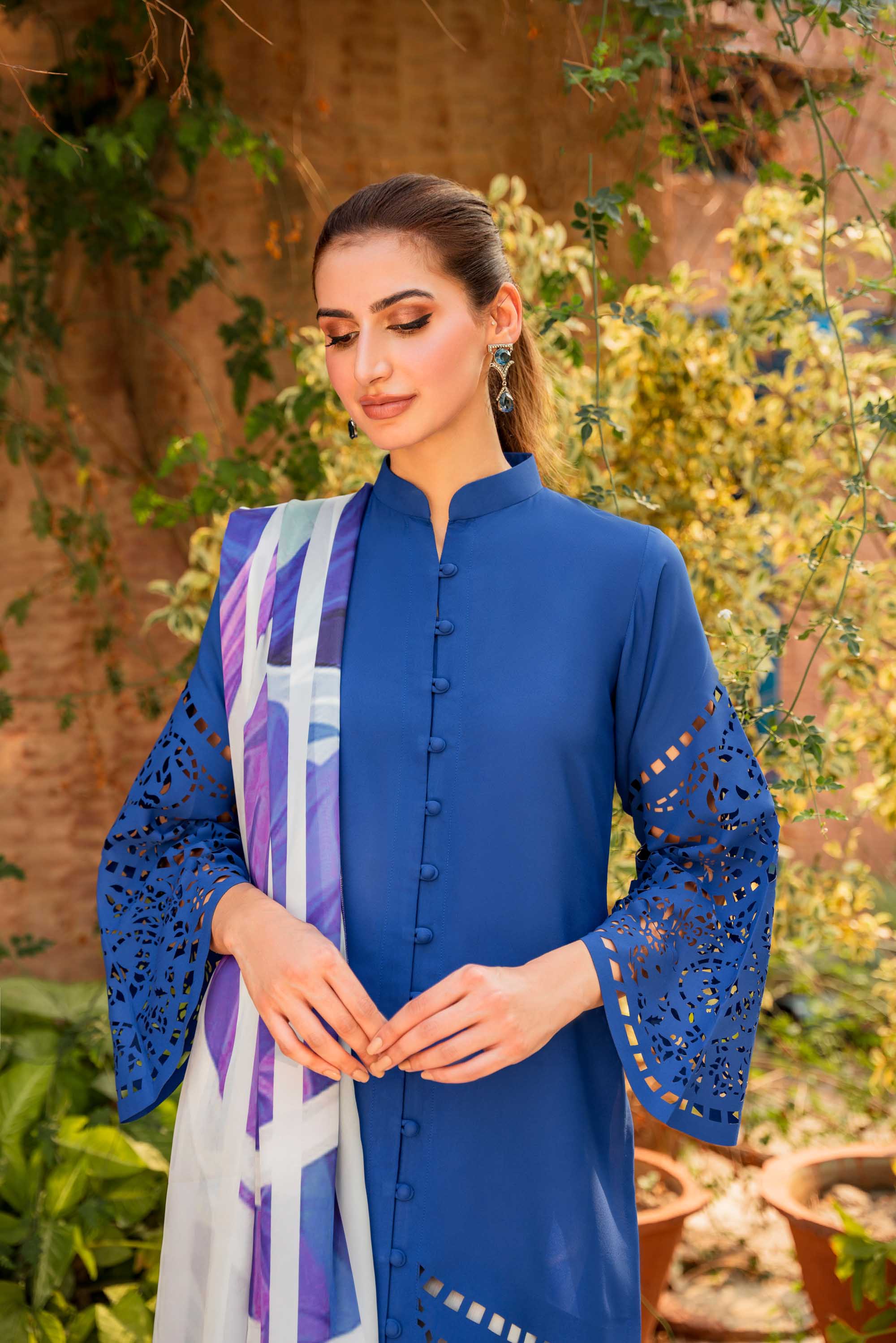 Cobalt Blue Laser-Cut Georgette Midi Tunic (1-Pc) - Image 2