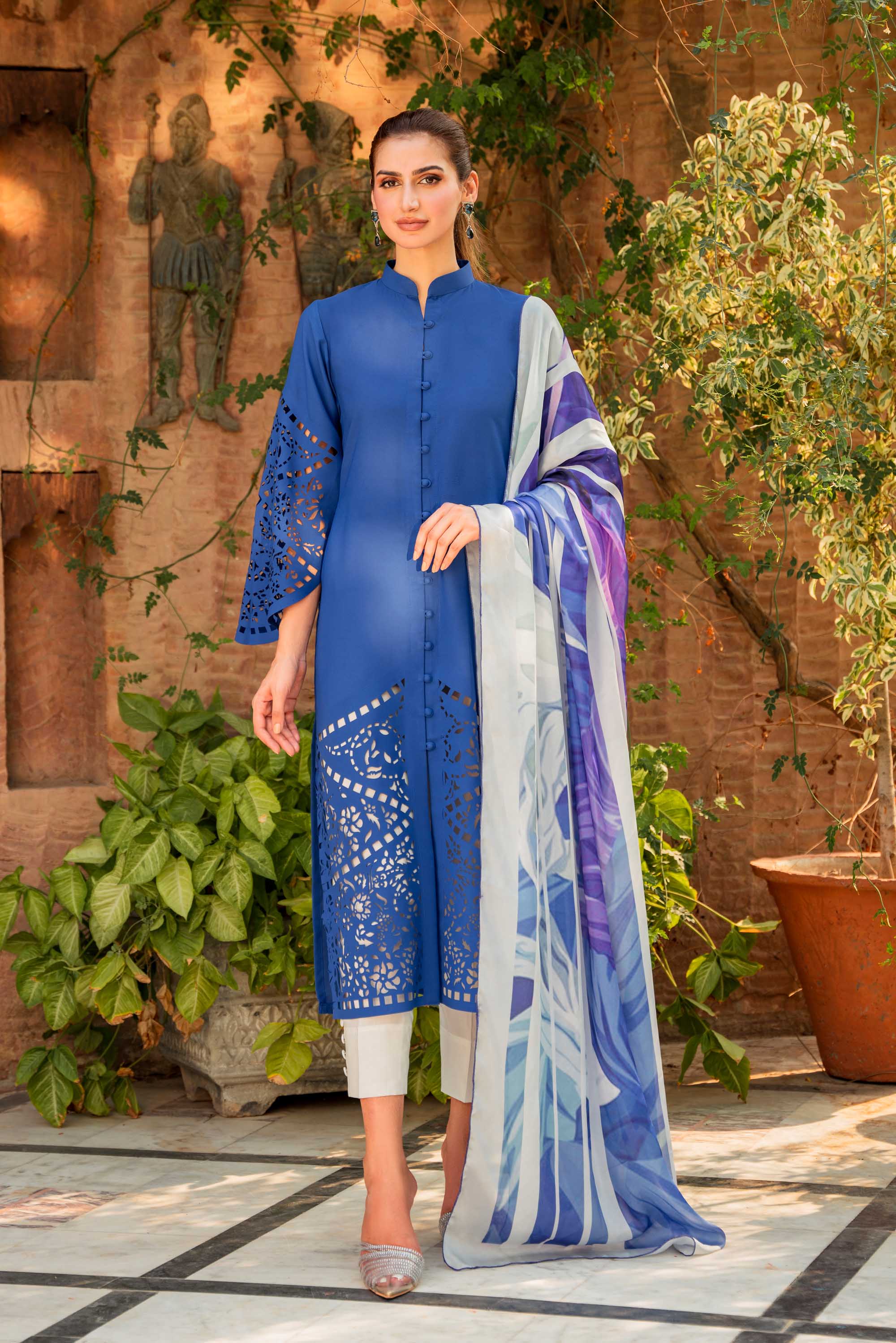 Cobalt Blue Laser-Cut Georgette Midi Tunic (1-Pc) - Image 3