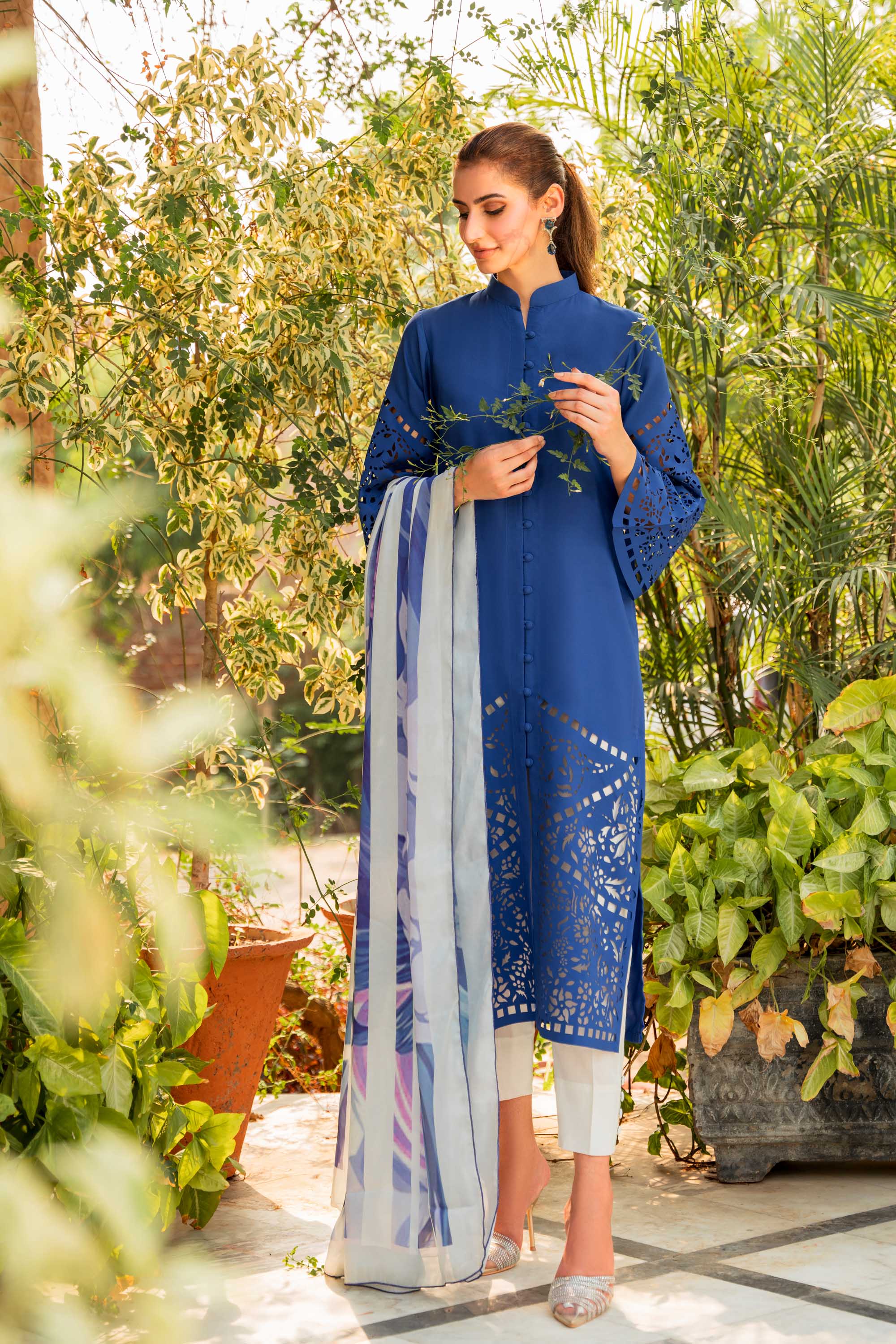 Cobalt Blue Laser-Cut Georgette Midi Tunic (1-Pc) - Image 4