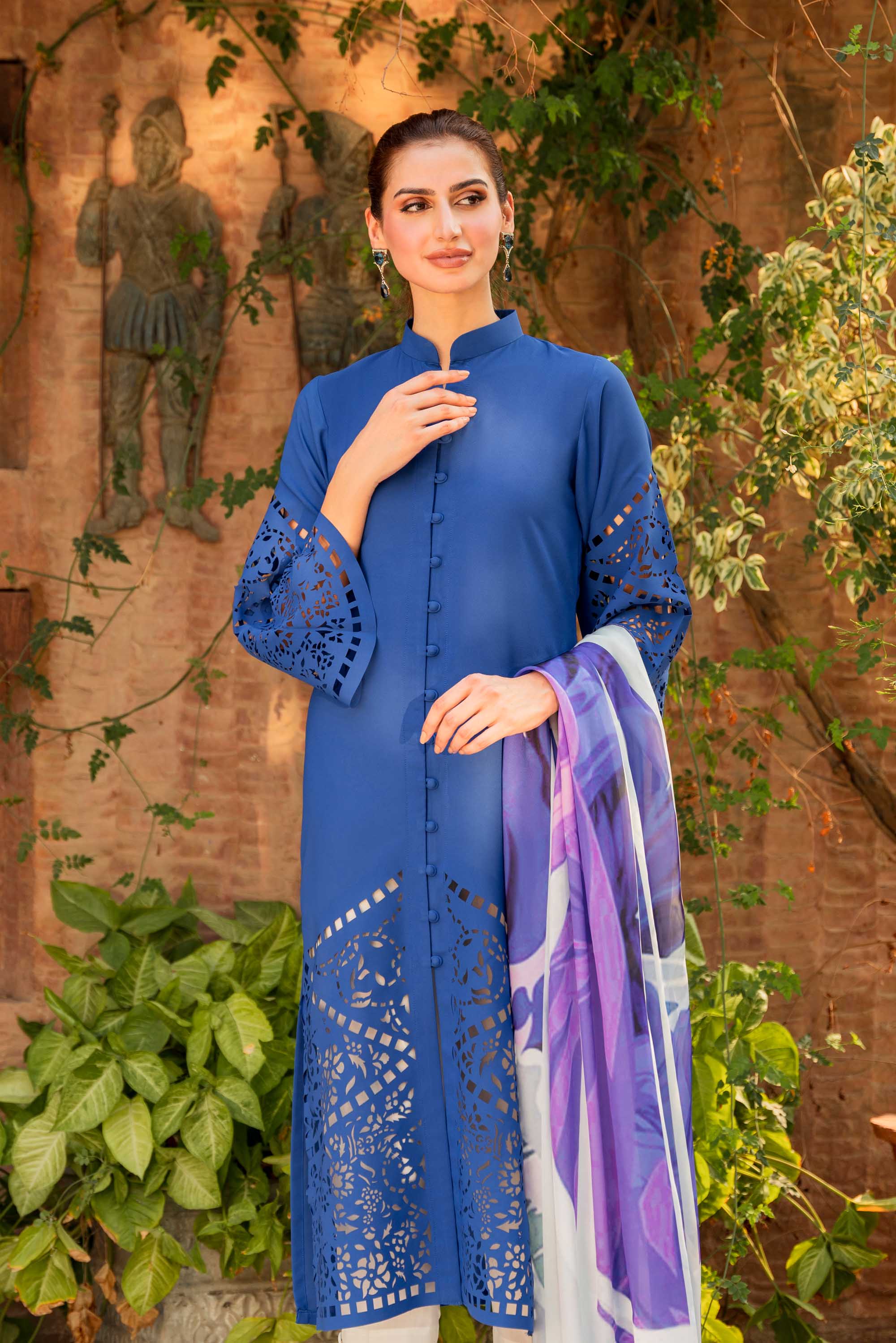 Cobalt Blue Laser-Cut Georgette Midi Tunic (1-Pc) - Image 6