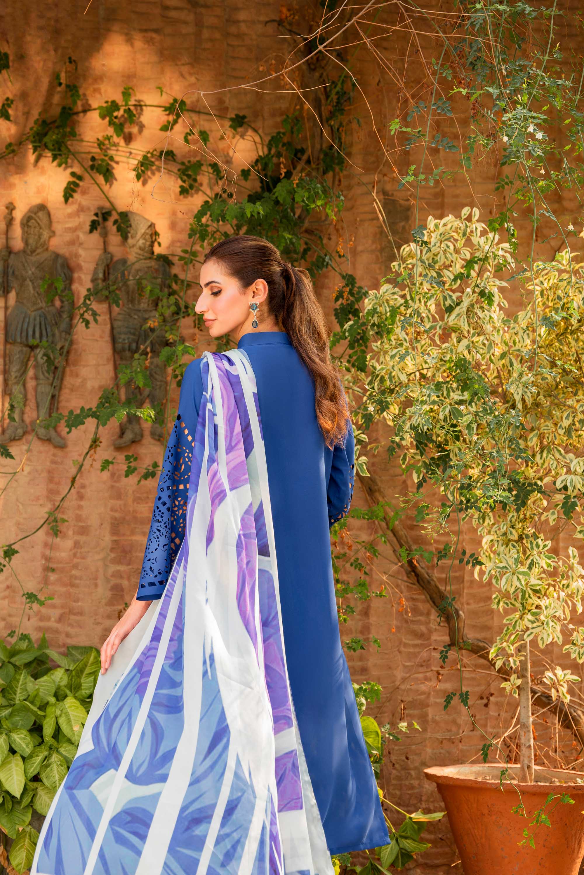 Cobalt Blue Laser-Cut Georgette Midi Tunic (1-Pc) - Image 7