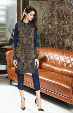 Midnight Blue Embellished Georgette Chiffon Jacket Set (3-Piece) - Image 1