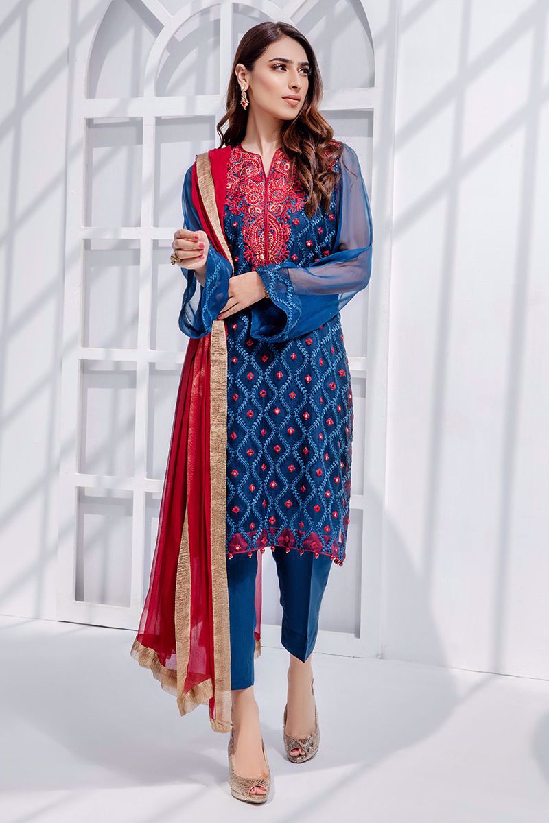 Pakistani Twilight Blue Embroidered Georgette Salwar Kameez (3-Piece) - Image 1