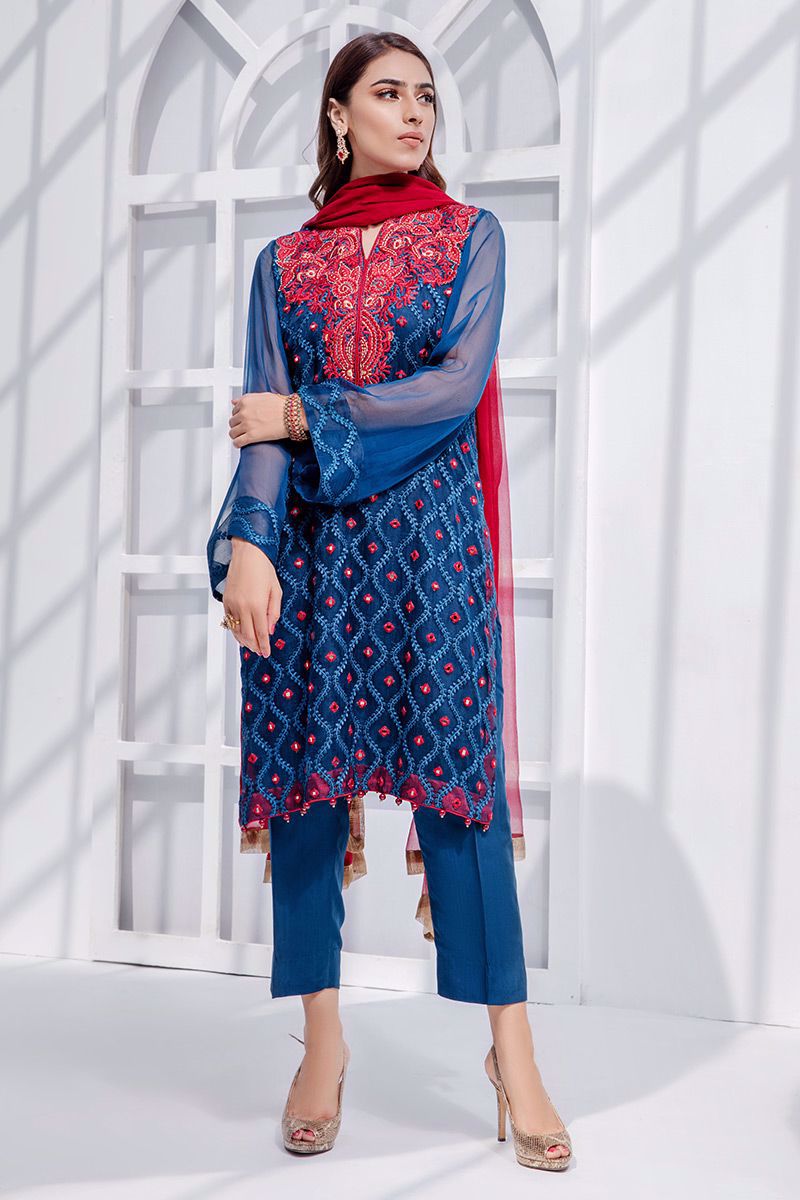 Pakistani Twilight Blue Embroidered Georgette Salwar Kameez (3-Piece) - Image 2