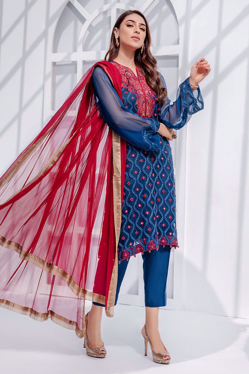 Pakistani Twilight Blue Embroidered Georgette Salwar Kameez (3-Piece) - Image 3