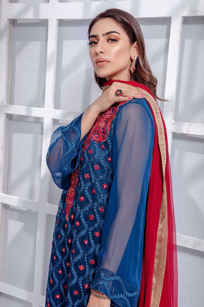 Pakistani Twilight Blue Embroidered Georgette Salwar Kameez (3-Piece) - Image 4