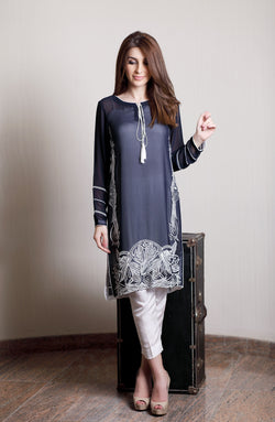 Midnight Blue Resham Embroidered Georgette Chiffon Salwar Kameez (2-Piece) - Image 1