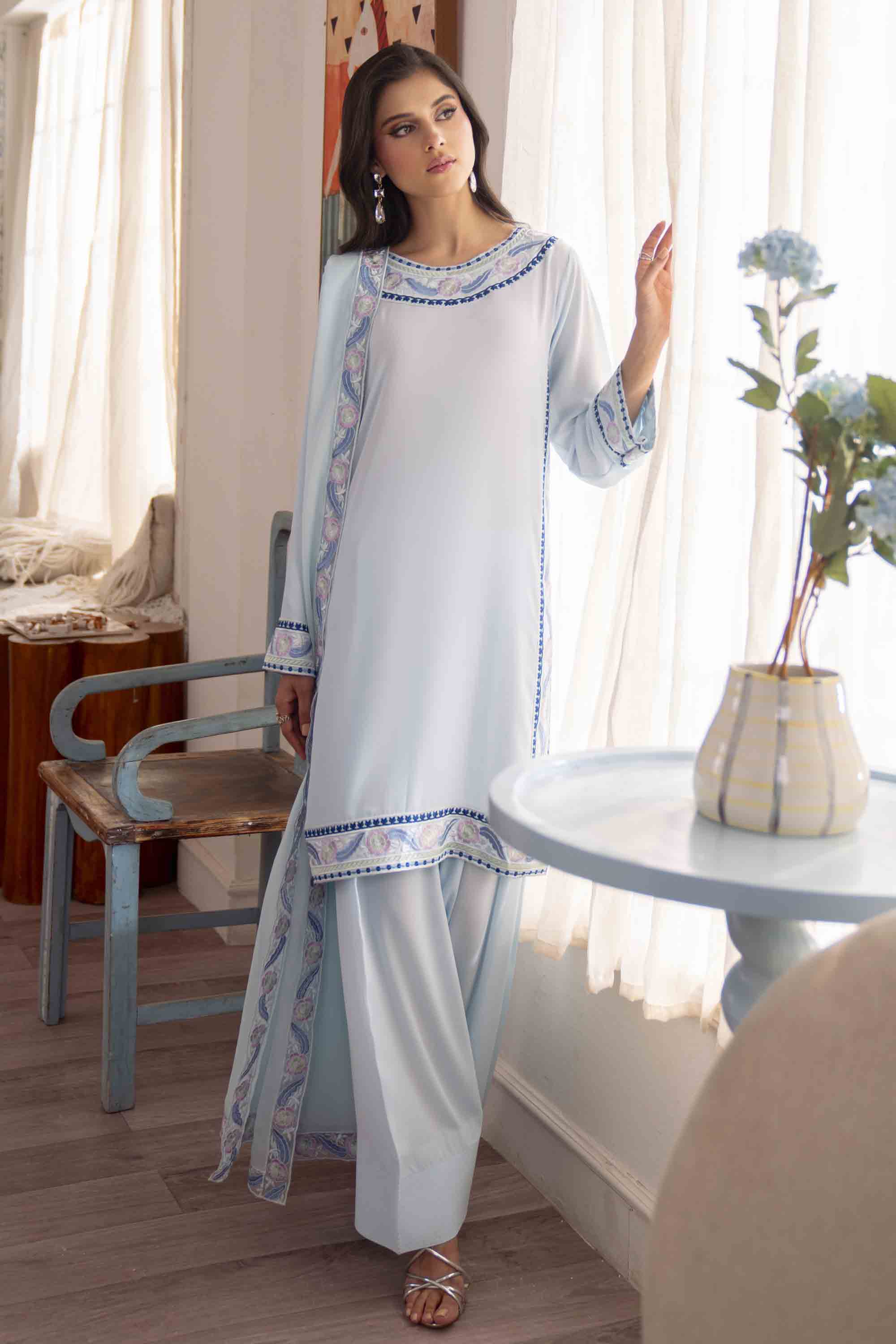 Pakistani Sky Blue Embroidered Georgette Chiffon Salwar Kameez (3-Piece) - Image 2