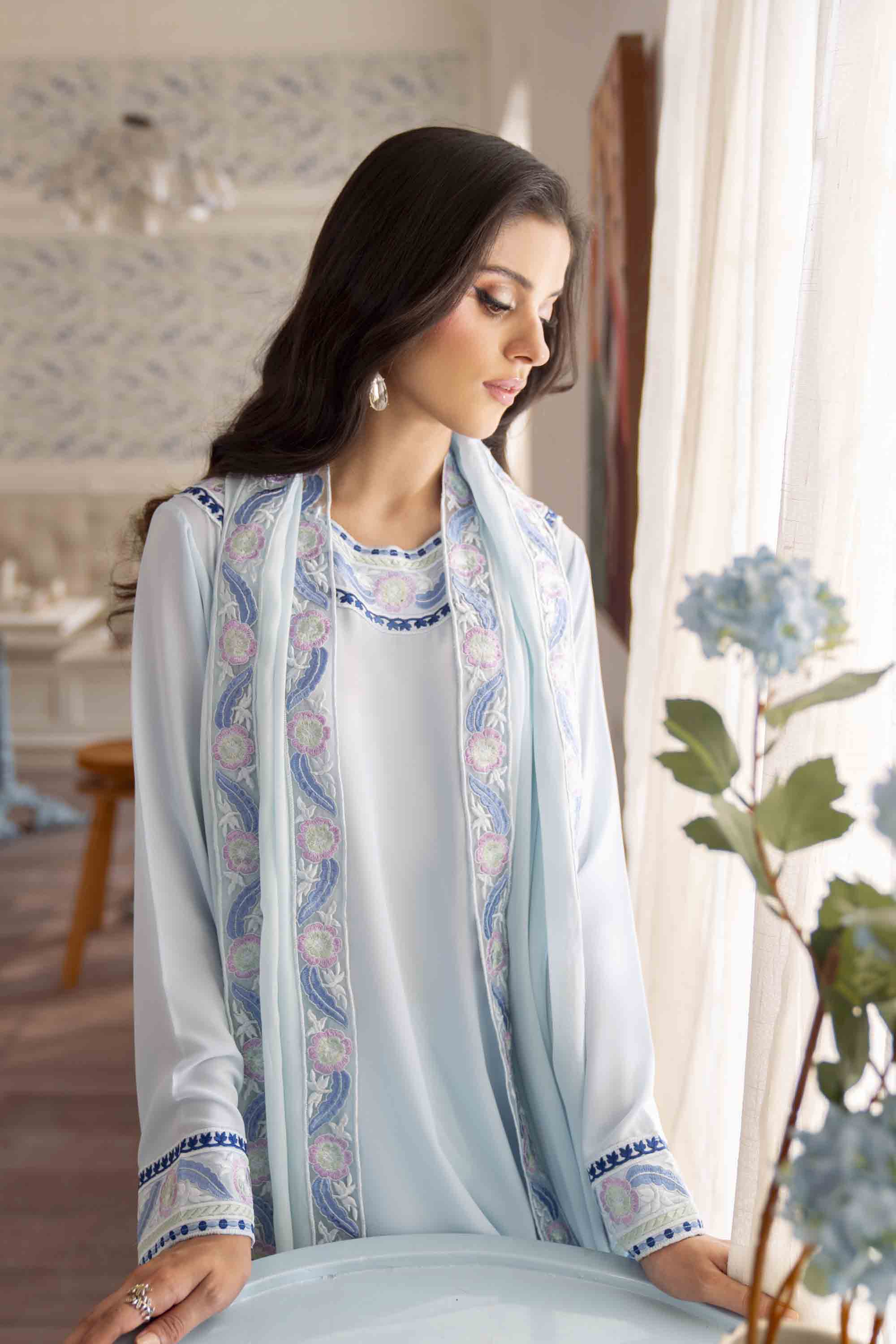 Pakistani Sky Blue Embroidered Georgette Chiffon Salwar Kameez (3-Piece) - Image 3