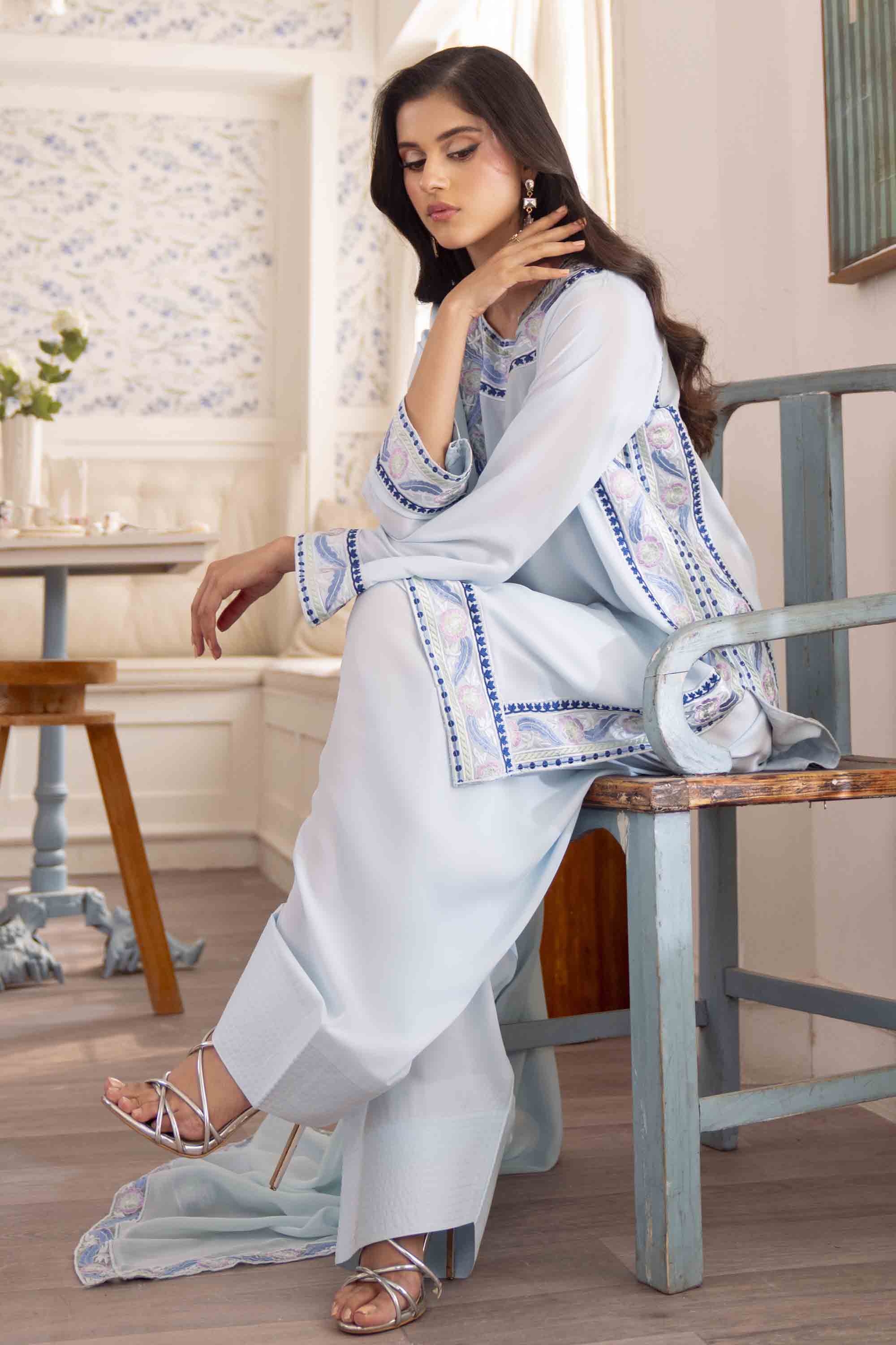 Pakistani Sky Blue Embroidered Georgette Chiffon Salwar Kameez (3-Piece) - Image 4