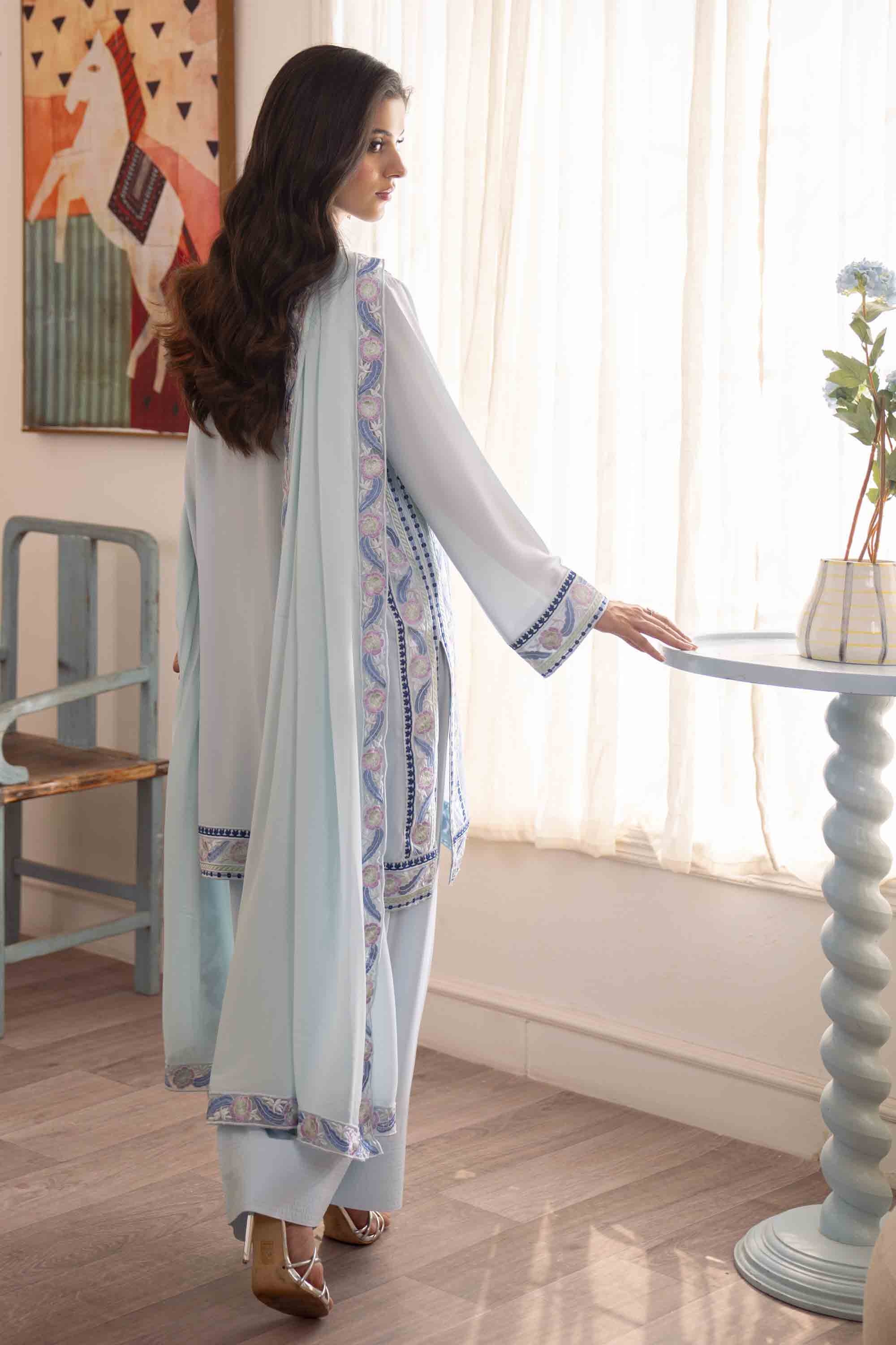 Pakistani Sky Blue Embroidered Georgette Chiffon Salwar Kameez (3-Piece) - Image 5