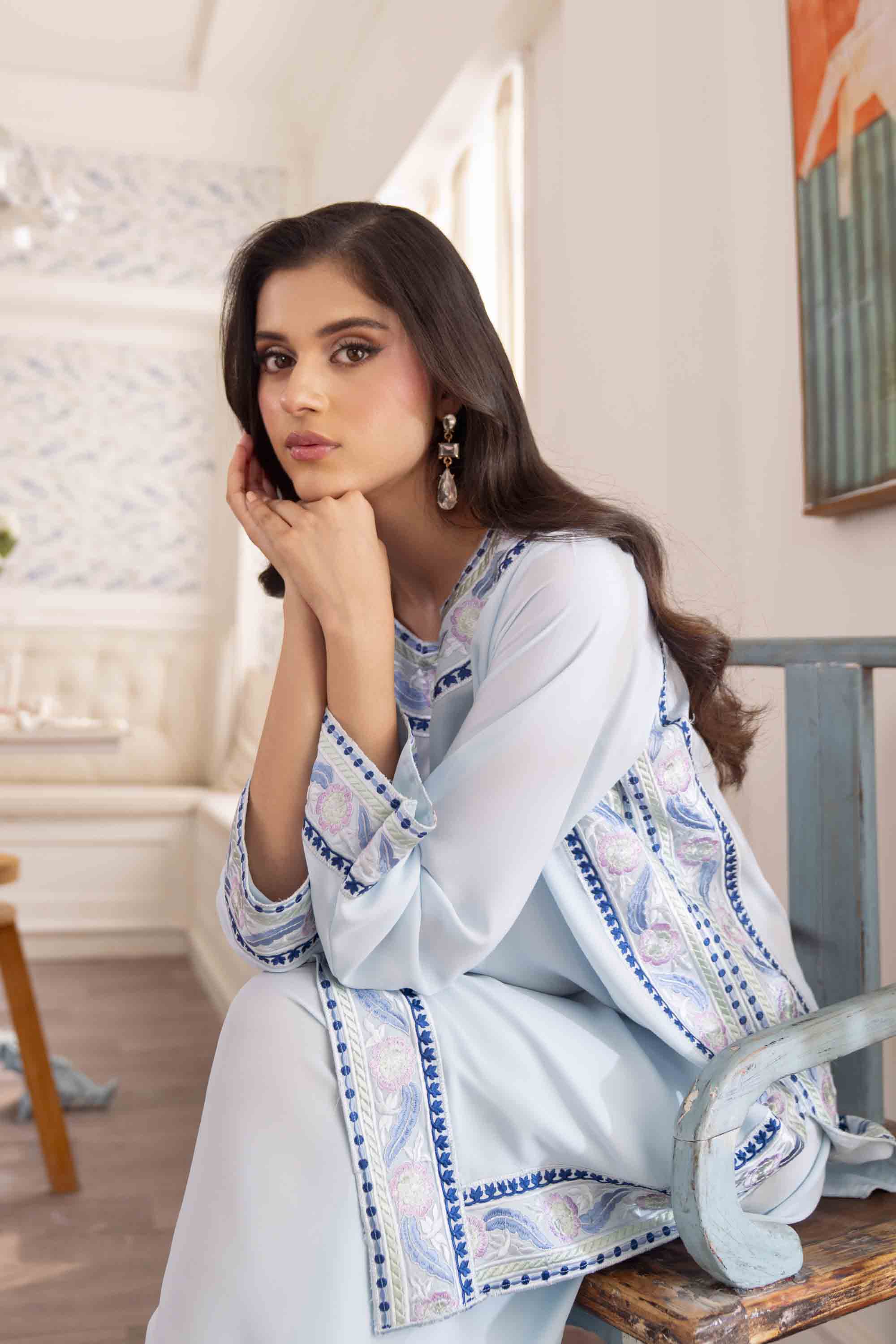 Pakistani Sky Blue Embroidered Georgette Chiffon Salwar Kameez (3-Piece) - Image 6