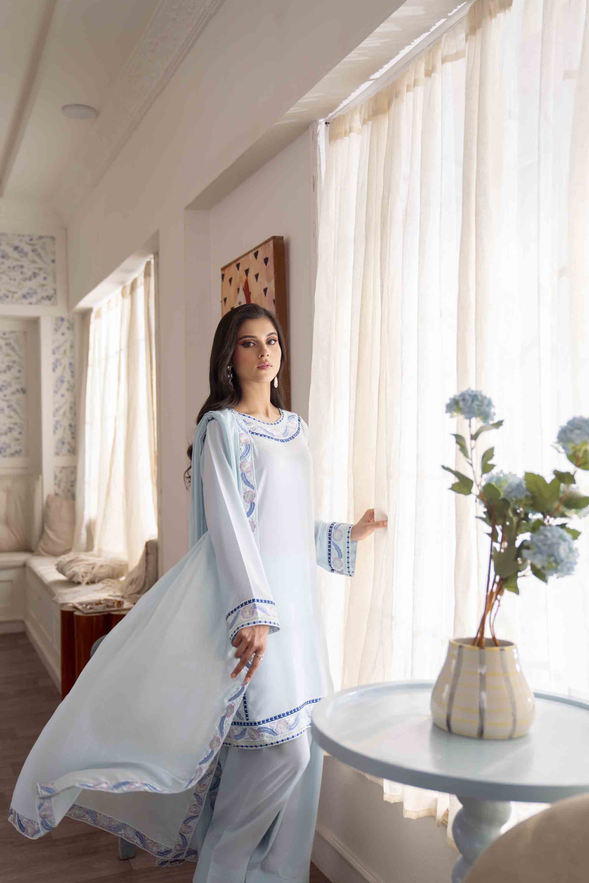 Pakistani Sky Blue Embroidered Georgette Chiffon Salwar Kameez (3-Piece) - Image 7