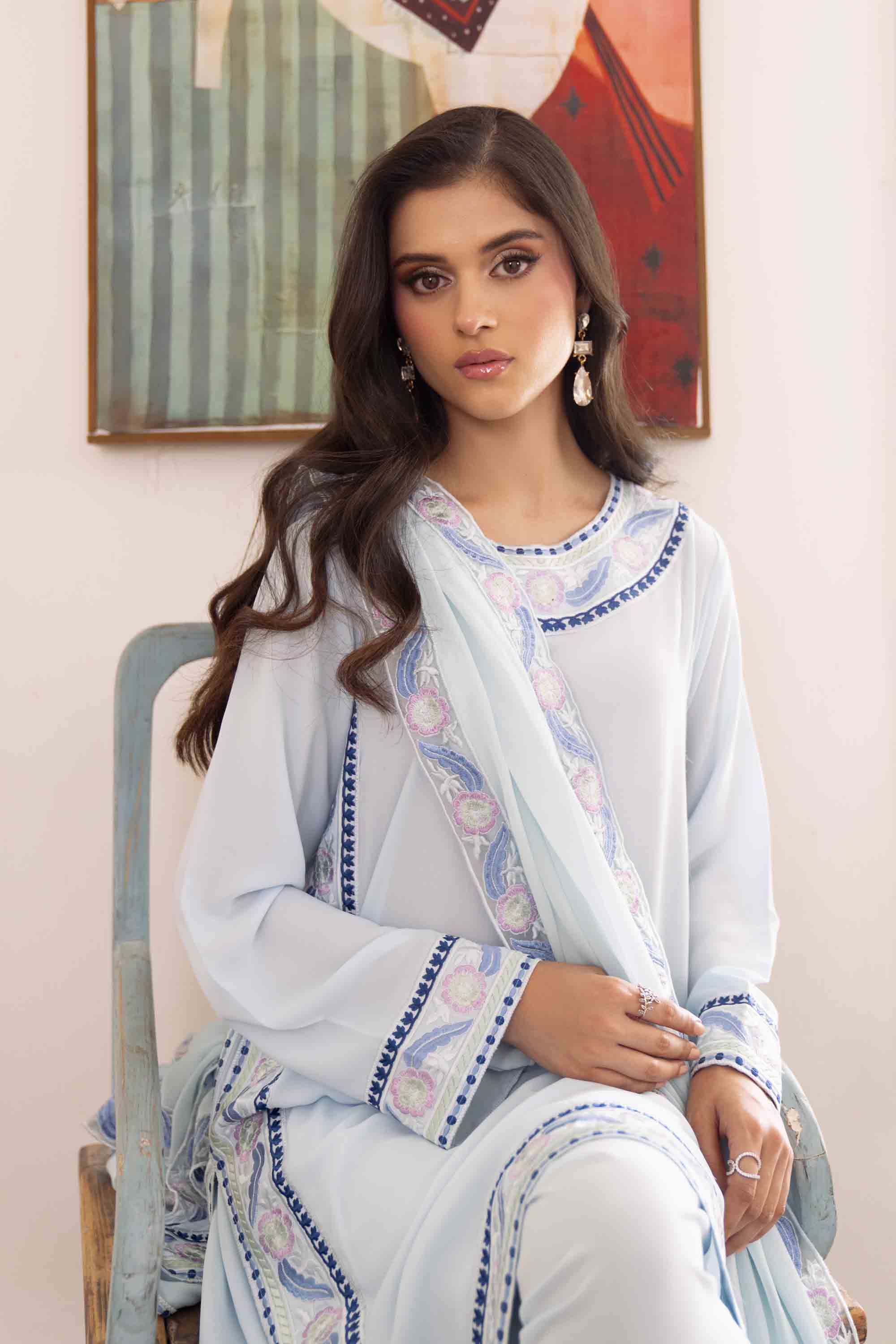 Pakistani Sky Blue Embroidered Georgette Chiffon Salwar Kameez (3-Piece) - Image 8