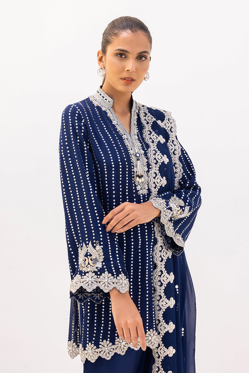 Pakistani Royal Blue Kamdani Georgette Kurta Set (3-Piece) - Image 3