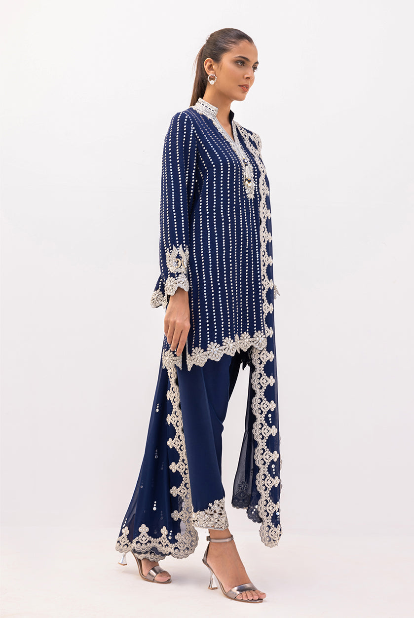 Pakistani Royal Blue Kamdani Georgette Kurta Set (3-Piece) - Image 4