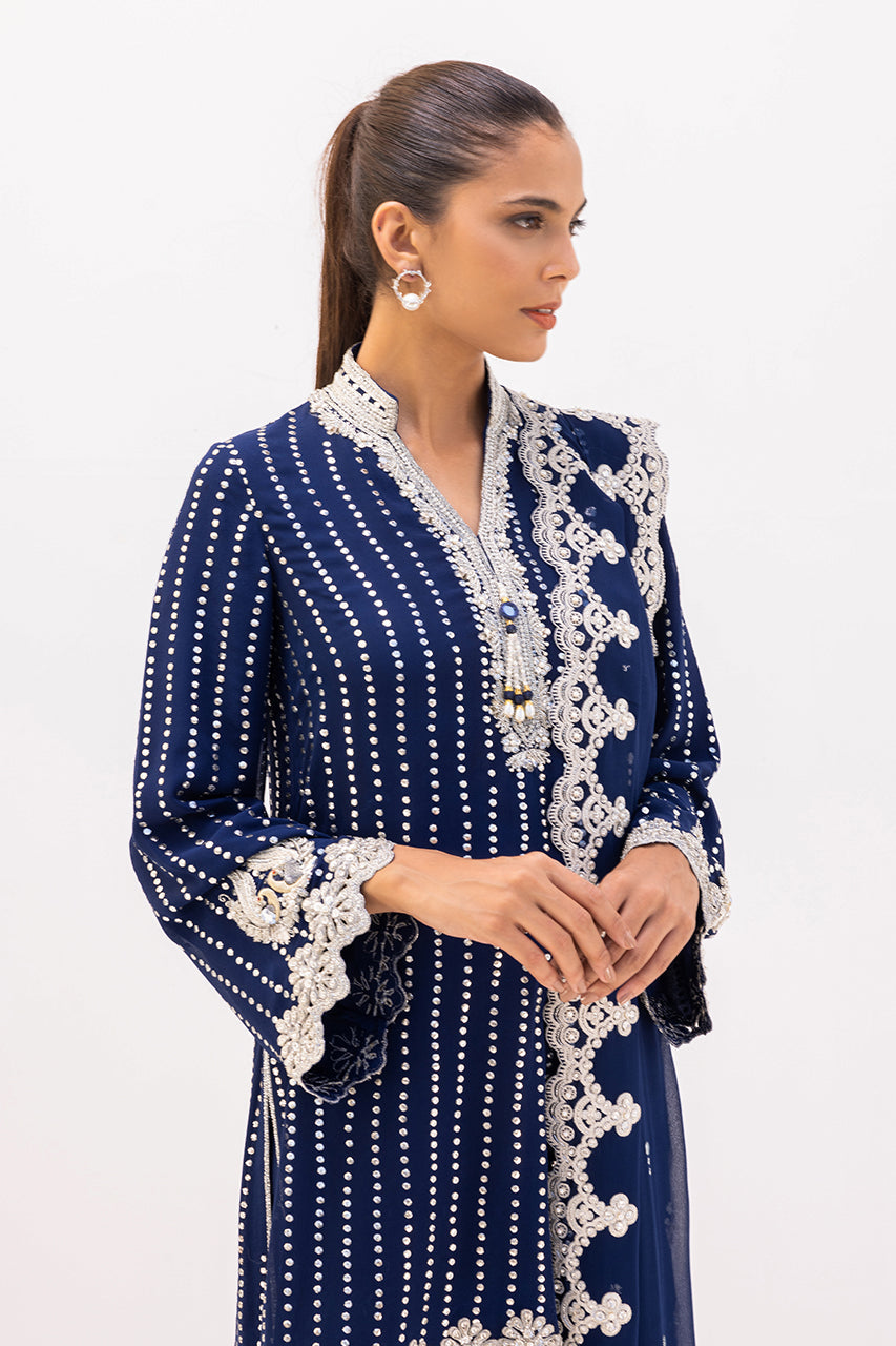 Pakistani Royal Blue Kamdani Georgette Kurta Set (3-Piece) - Image 5