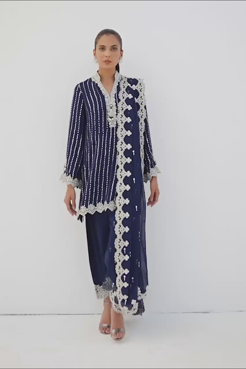 Pakistani Royal Blue Kamdani Georgette Kurta Set (3-Piece) - Image 6