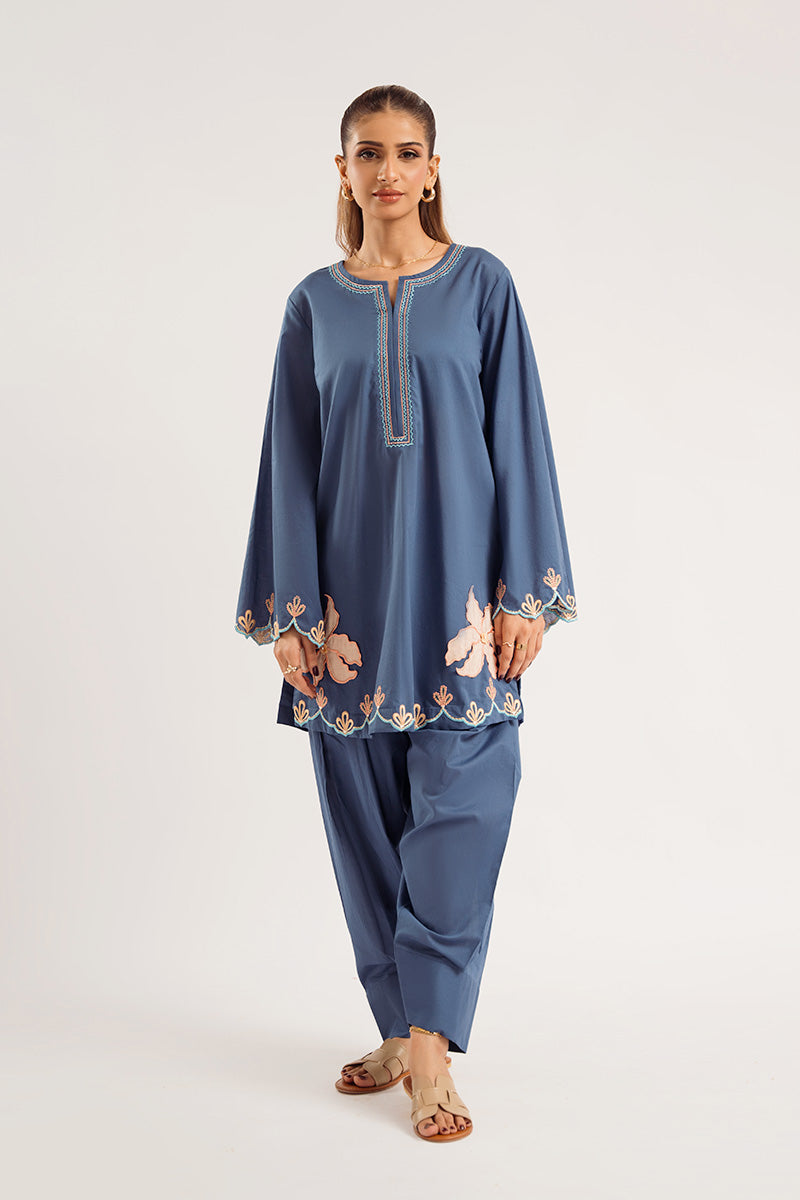 Pakistani Dark Blue Appliqué Embroidered Irish Cotton Salwar Kameez (2-Piece) - Image 1