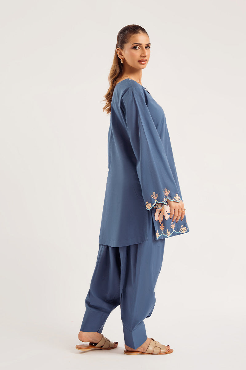 Pakistani Dark Blue Appliqué Embroidered Irish Cotton Salwar Kameez (2-Piece) - Image 2