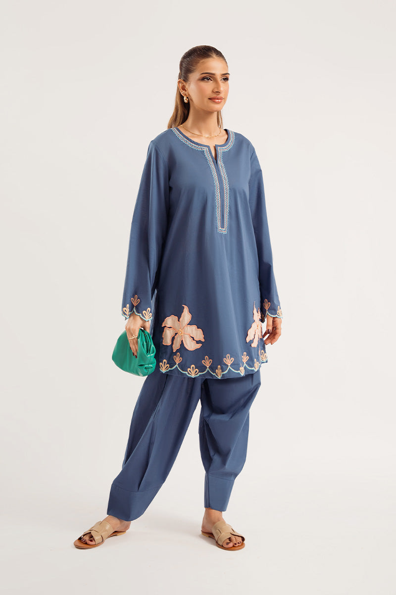 Pakistani Dark Blue Appliqué Embroidered Irish Cotton Salwar Kameez (2-Piece) - Image 4