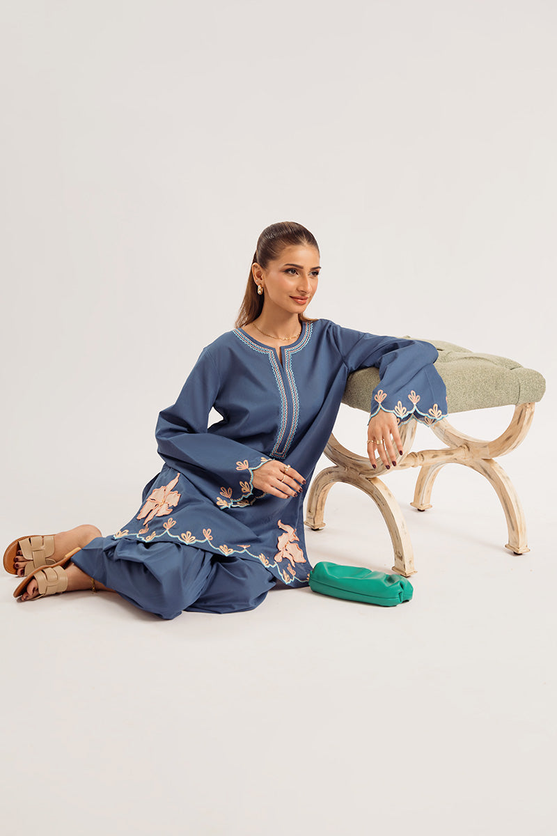 Pakistani Dark Blue Appliqué Embroidered Irish Cotton Salwar Kameez (2-Piece) - Image 6