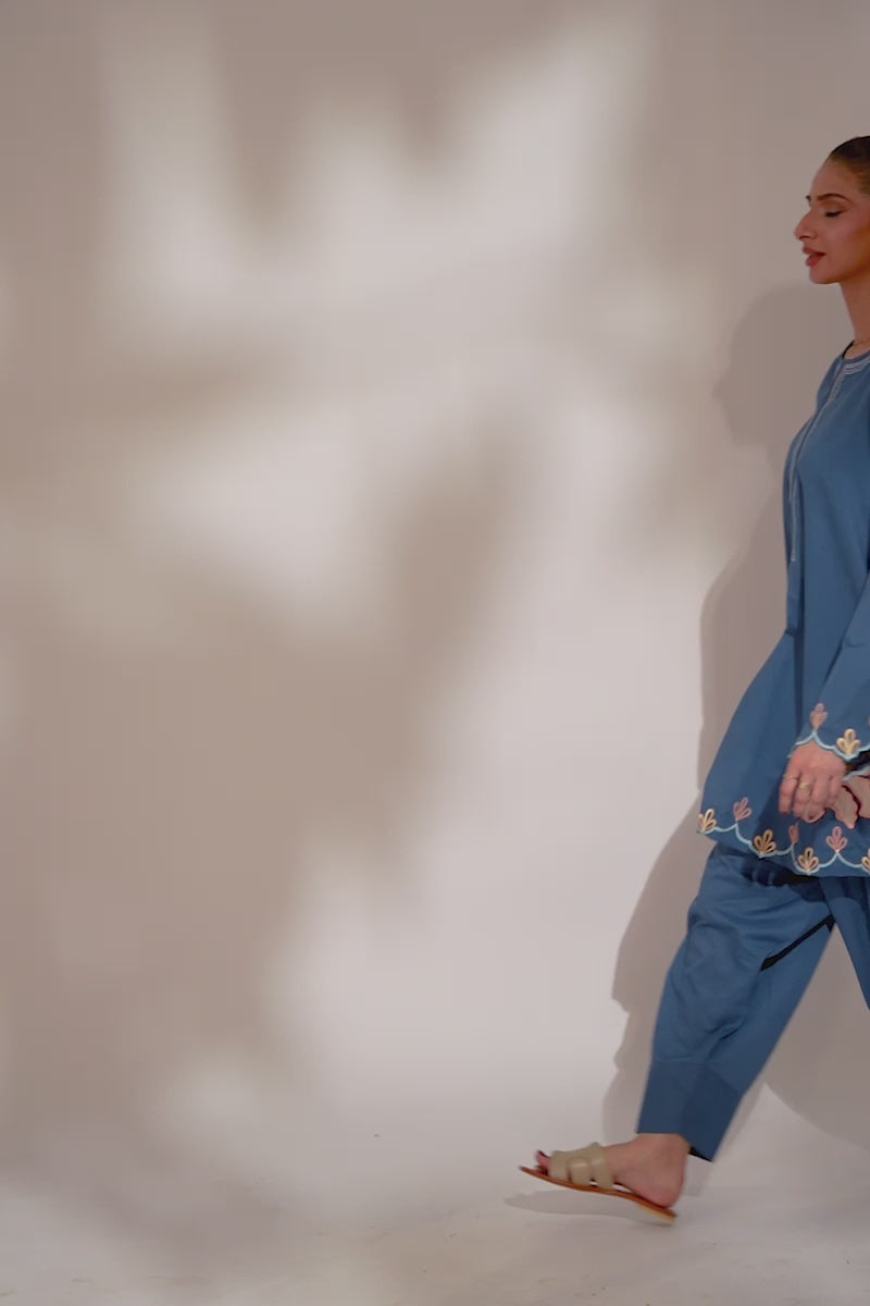 Pakistani Dark Blue Appliqué Embroidered Irish Cotton Salwar Kameez (2-Piece) - Image 7