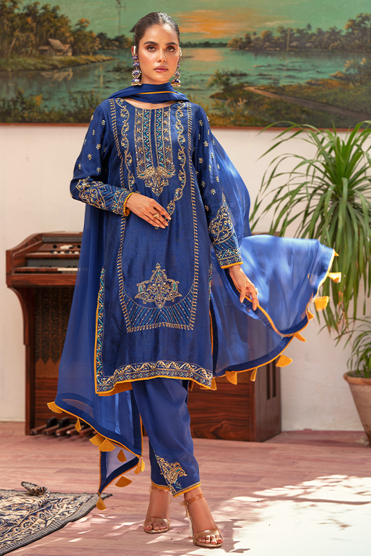 Blue Jacquard Embroidered Salwar Kameez (3-Piece) - Image 2