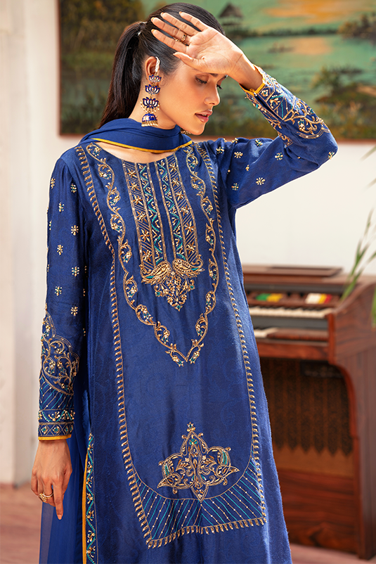 Blue Jacquard Embroidered Salwar Kameez (3-Piece) - Image 3
