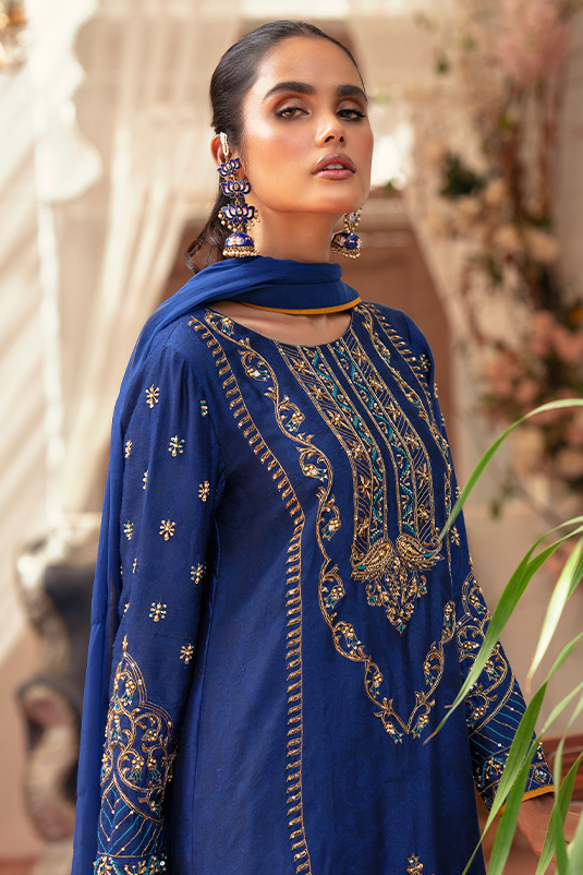 Blue Jacquard Embroidered Salwar Kameez (3-Piece) - Image 4