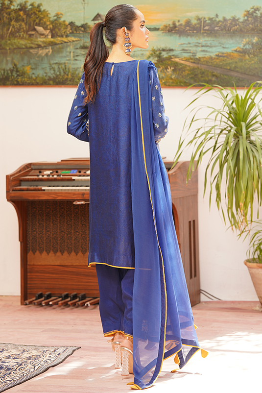 Blue Jacquard Embroidered Salwar Kameez (3-Piece) - Image 5