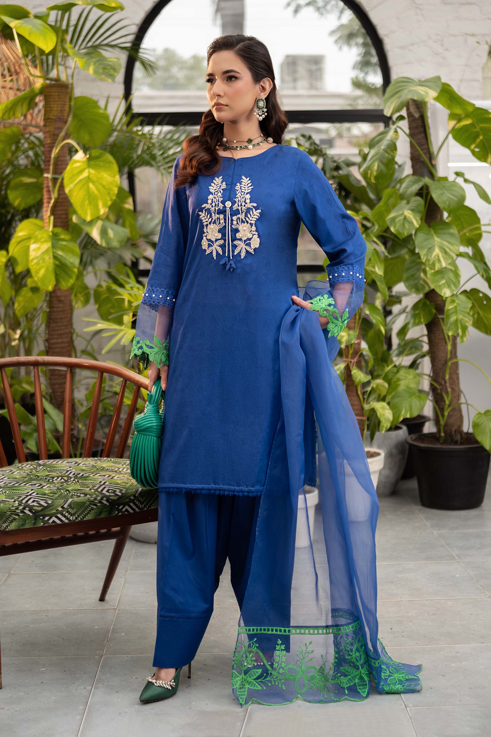 Blue Embroidered Self Jacquard Lawn Salwar Kameez (3-Piece) - Image 1