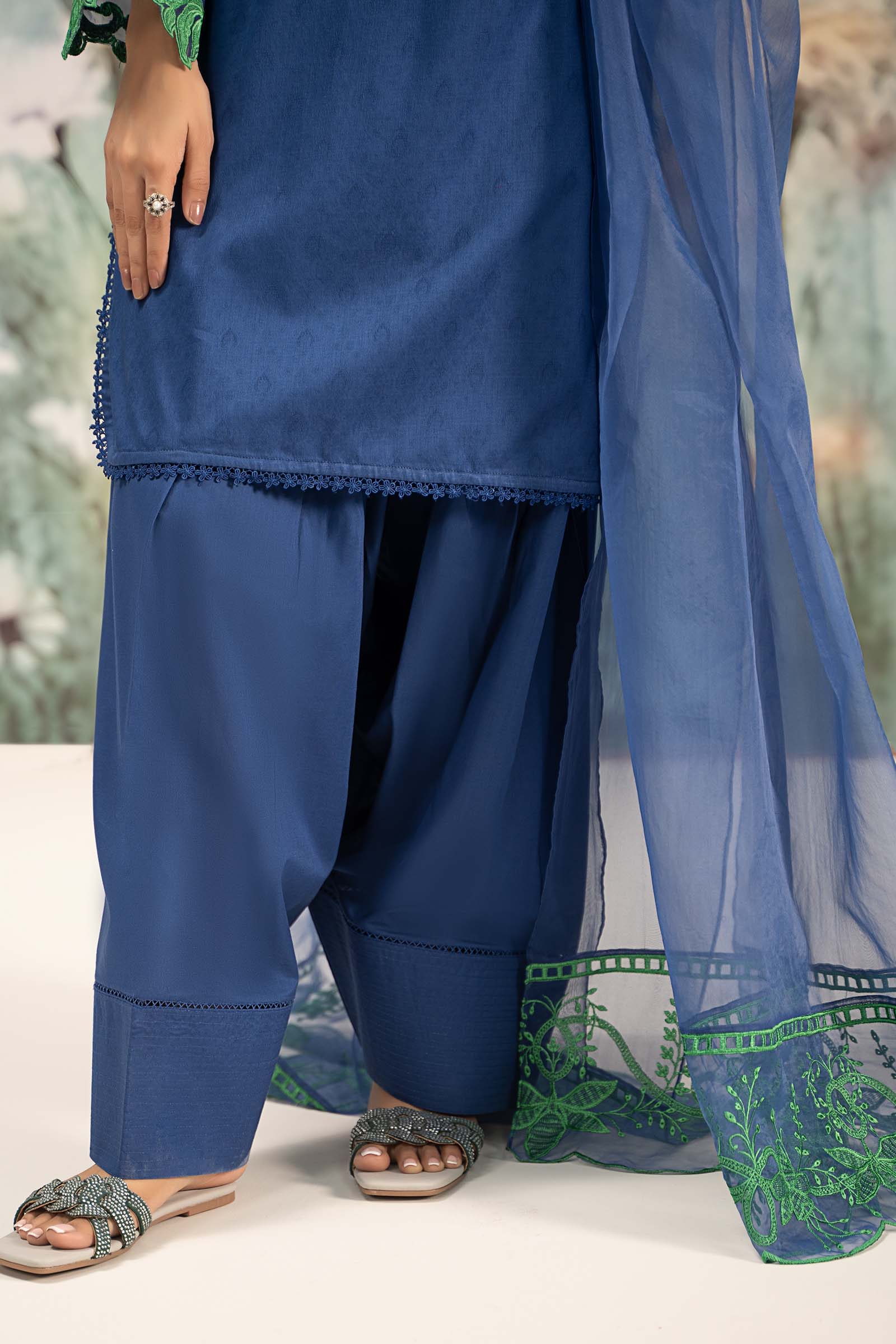 Blue Embroidered Self Jacquard Lawn Salwar Kameez (3-Piece) - Image 10