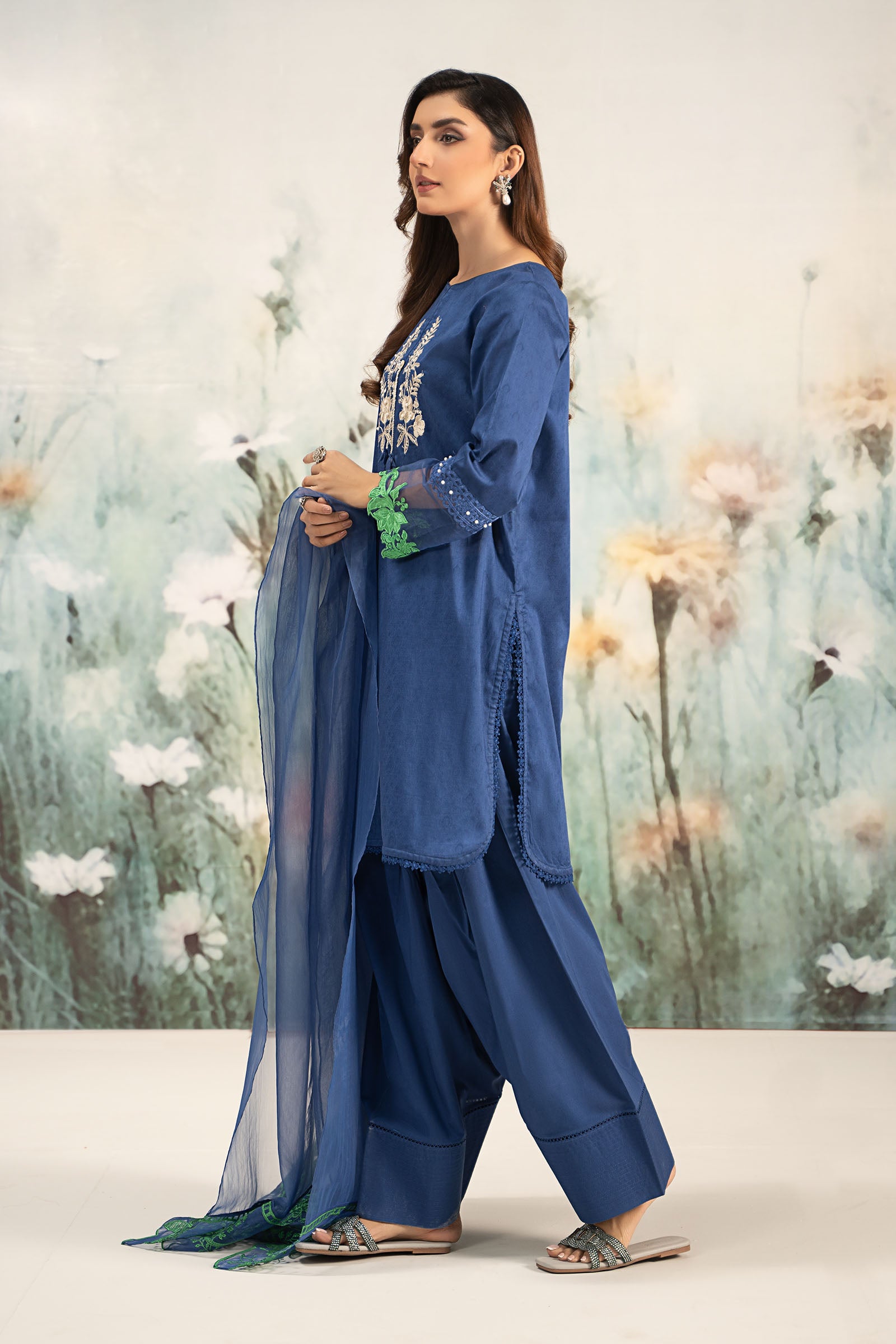 Blue Embroidered Self Jacquard Lawn Salwar Kameez (3-Piece) - Image 11