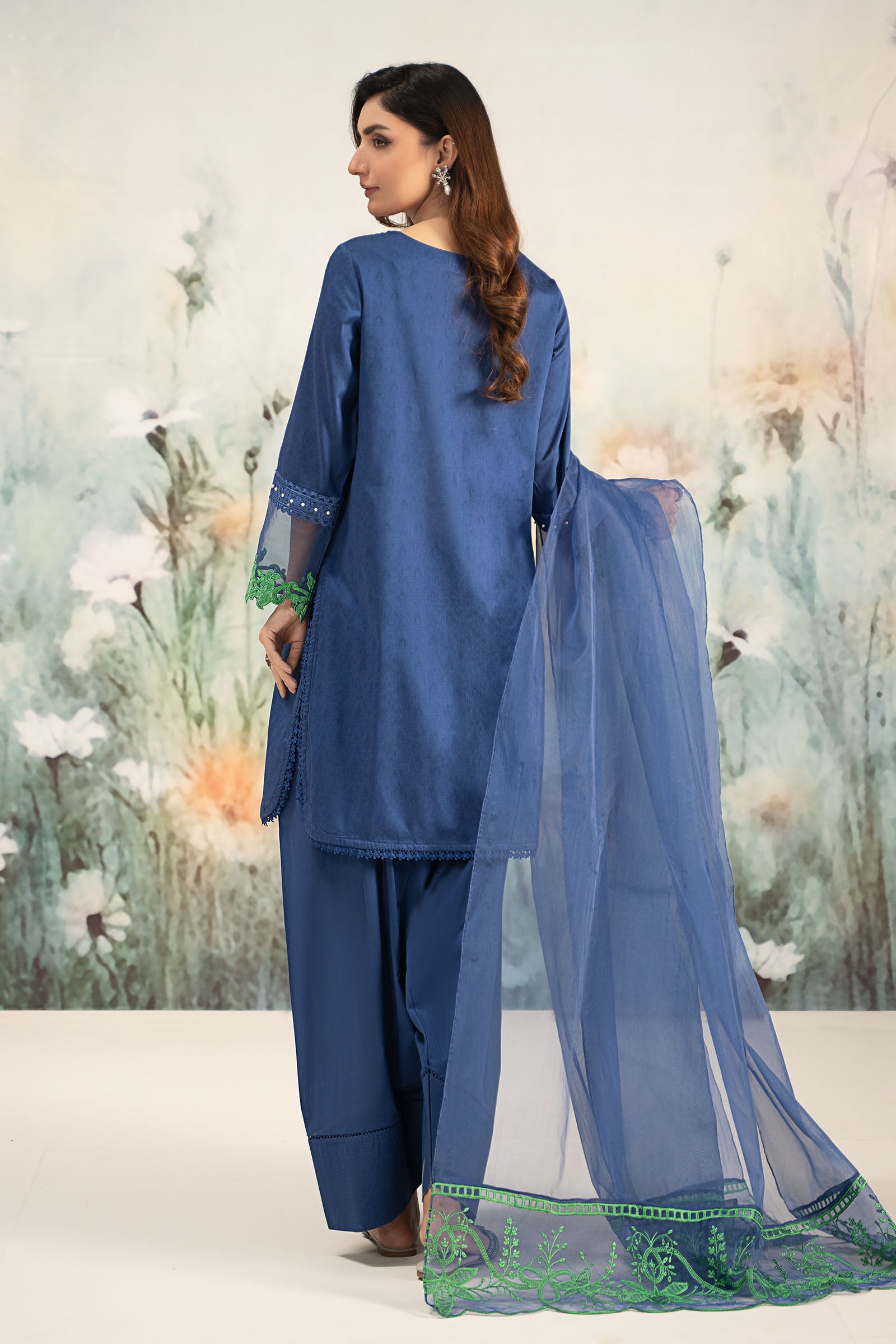 Blue Embroidered Self Jacquard Lawn Salwar Kameez (3-Piece) - Image 12