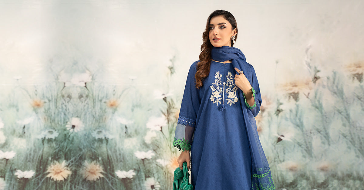 Blue Embroidered Self Jacquard Lawn Salwar Kameez (3-Piece) - Image 13