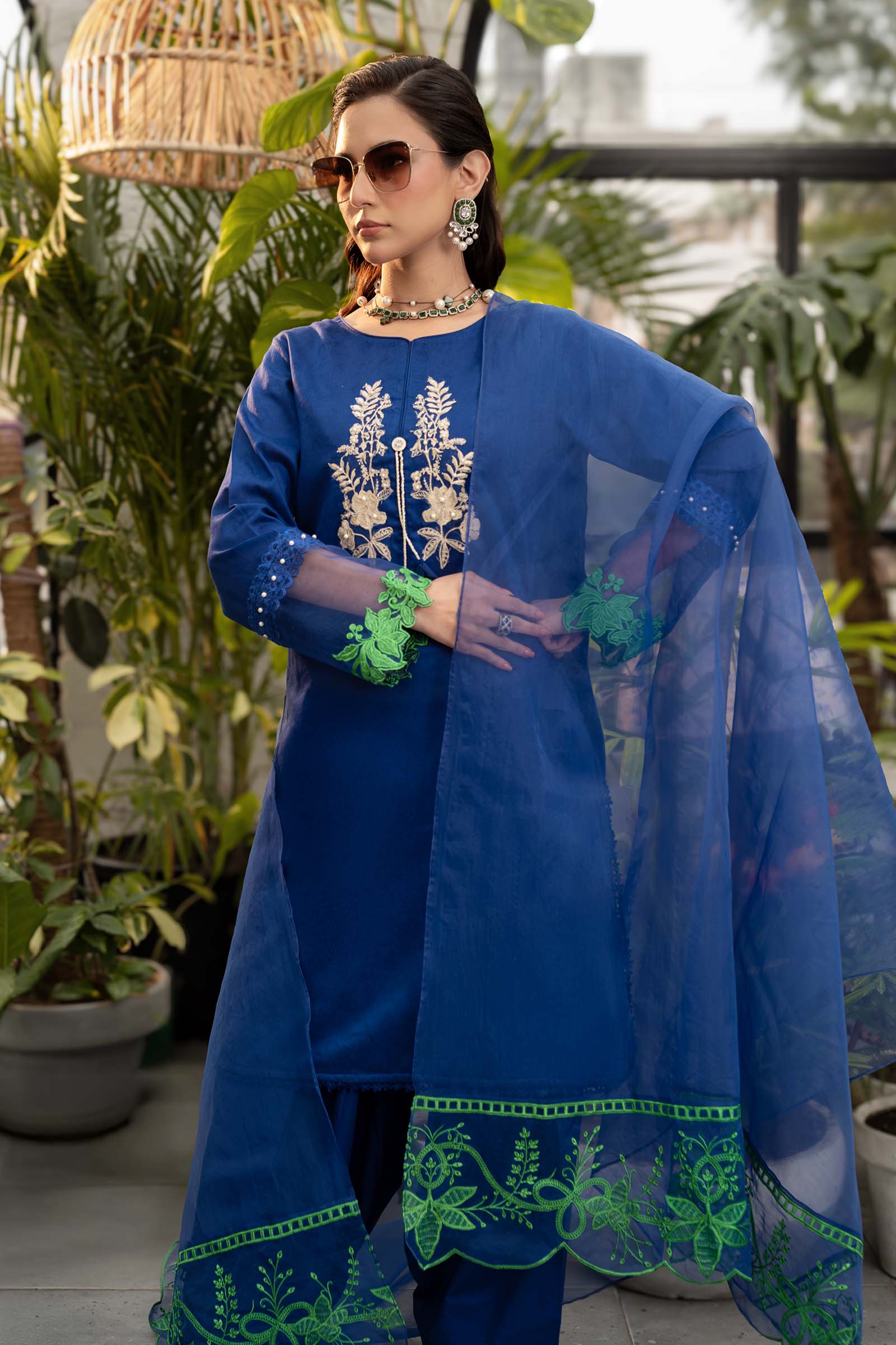 Blue Embroidered Self Jacquard Lawn Salwar Kameez (3-Piece) - Image 3