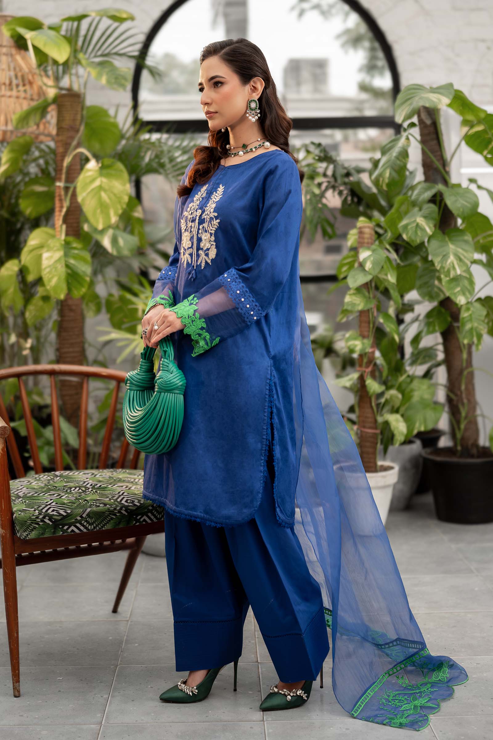 Blue Embroidered Self Jacquard Lawn Salwar Kameez (3-Piece) - Image 4