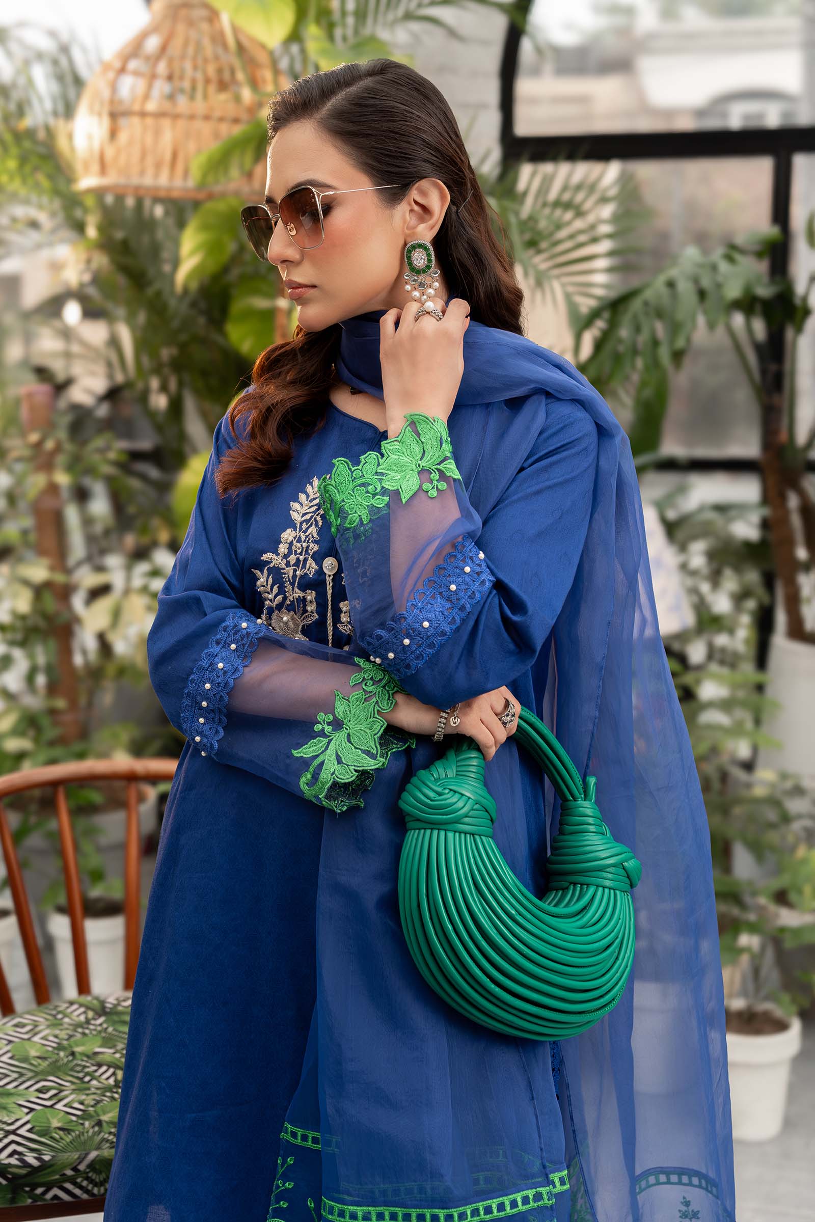 Blue Embroidered Self Jacquard Lawn Salwar Kameez (3-Piece) - Image 5