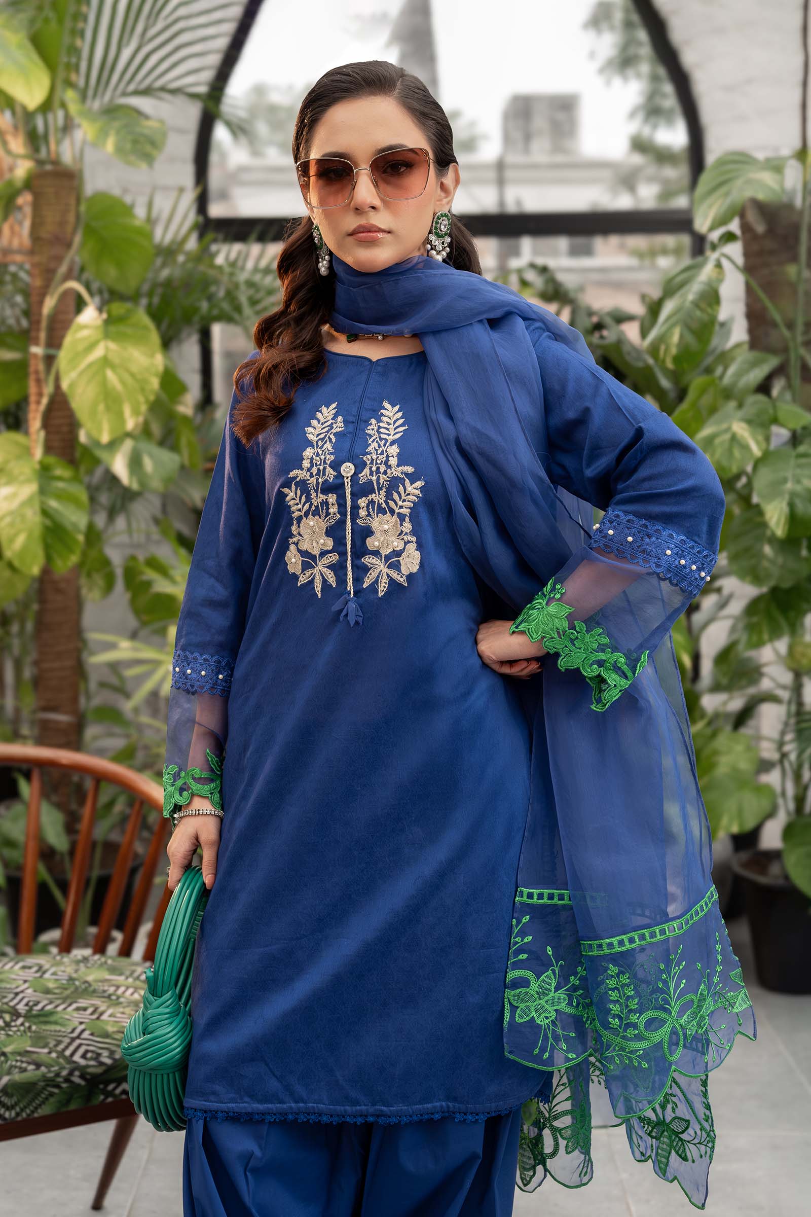 Blue Embroidered Self Jacquard Lawn Salwar Kameez (3-Piece) - Image 6